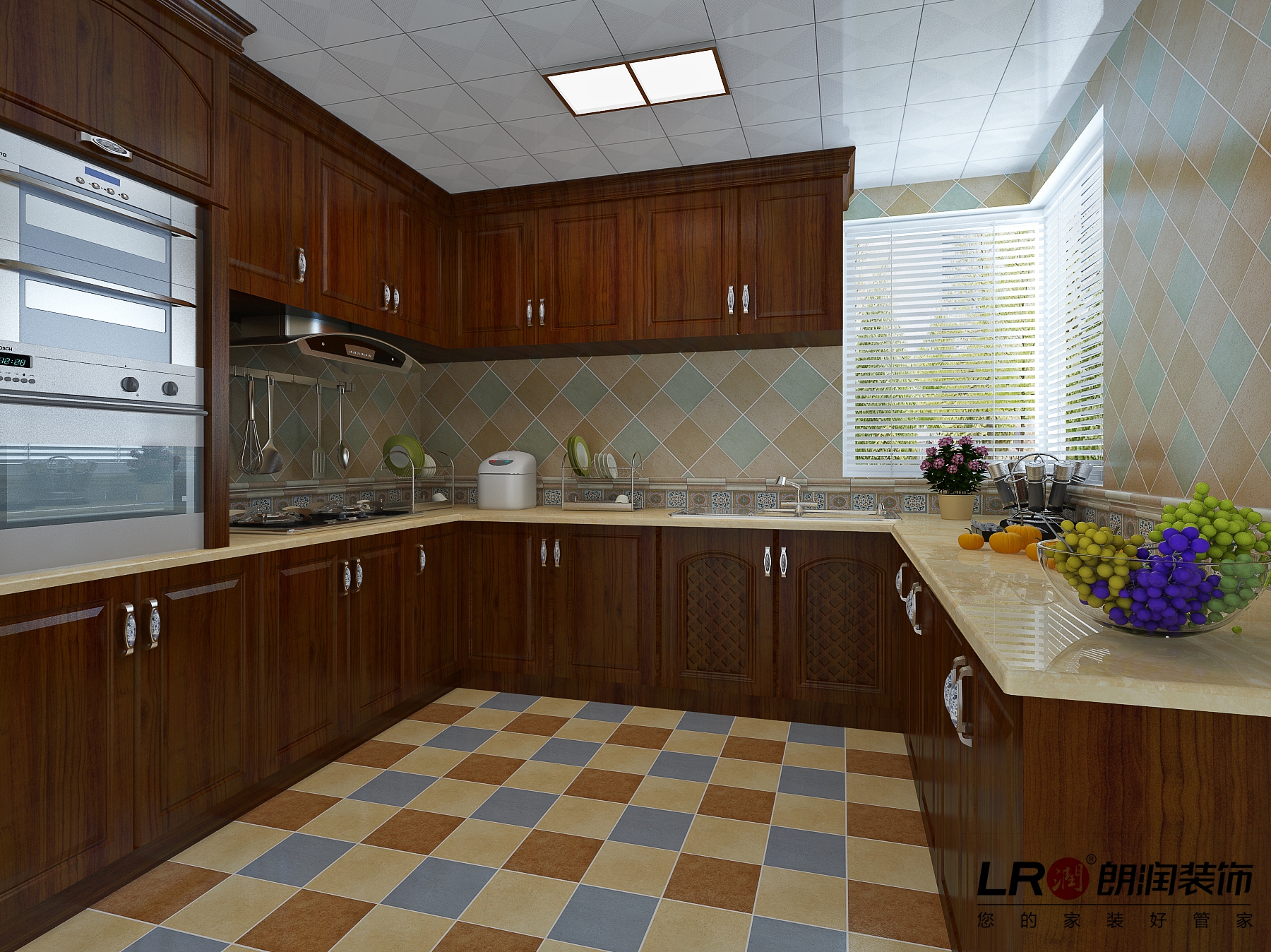 厨房用色彩浓郁的小方格墙地砖来强调美式风格的格调,搭配深色实木
