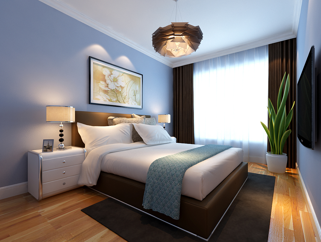 新中式风格别墅卧室床头设计效果图_别墅设计图