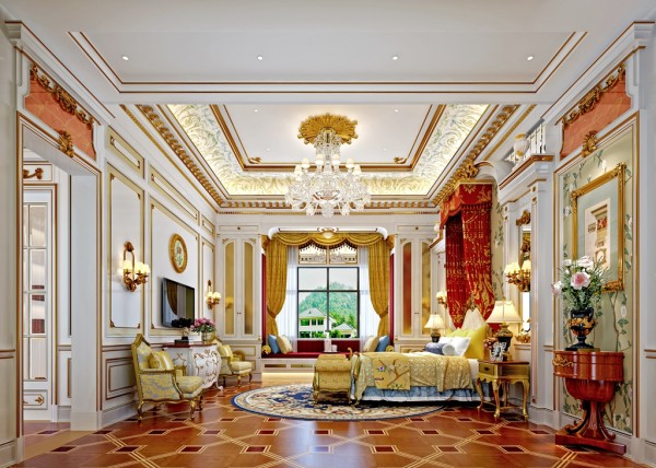 古典法式宫廷风格,金色浅色调为主,茶室书房等局部特殊空间与中式风格