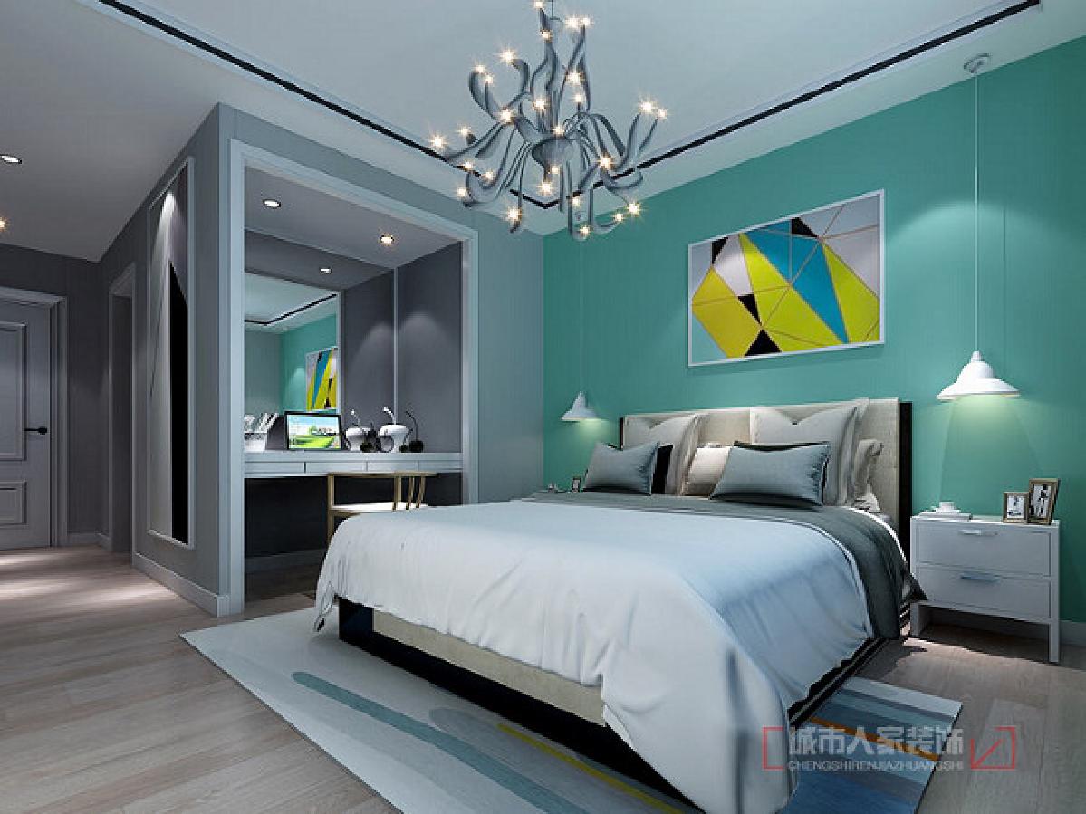 首页 装修效果图 卧室选择灰绿色墙面,彩色条纹地毯,以及颜色鲜艳的