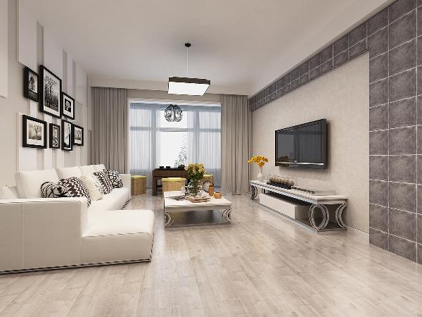 客厅:黑白灰的色彩搭配容易营造出时尚的感觉,沙发背景的集合造型灵动
