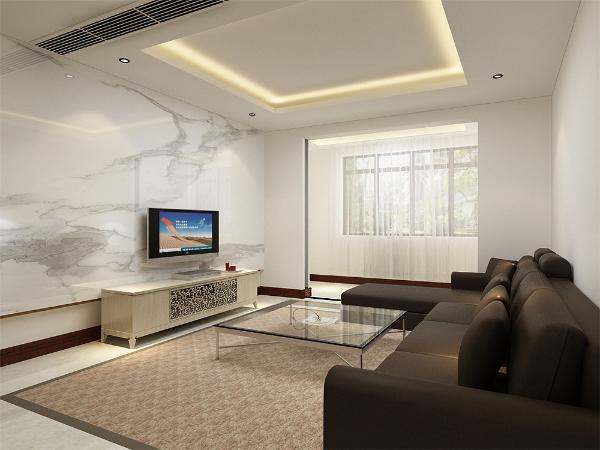 客厅电视背景墙用白色花纹瓷砖装饰,与正常墙面产生对比性,使空间严肃