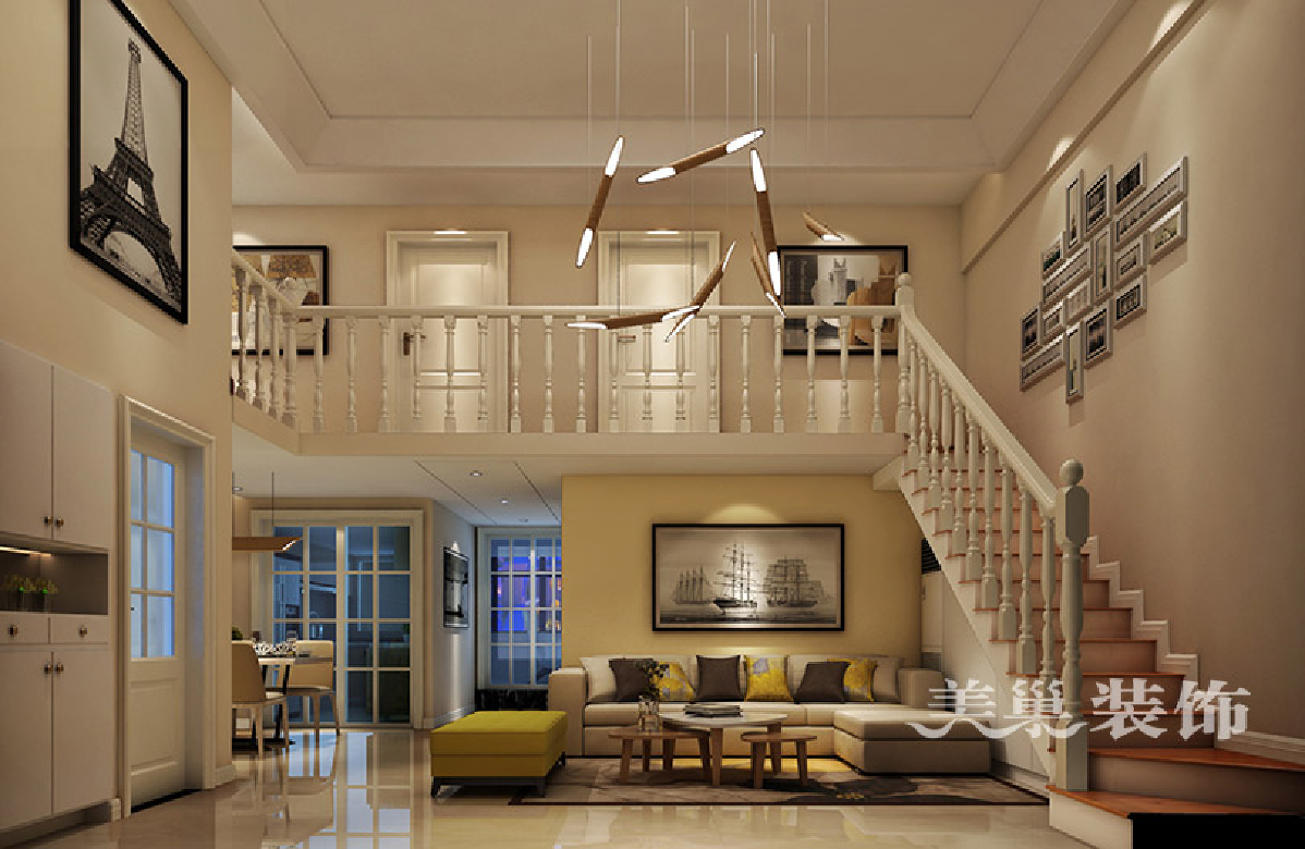 宜家美景120平装修样板间复式现代简约案例——客厅楼梯全景效果图