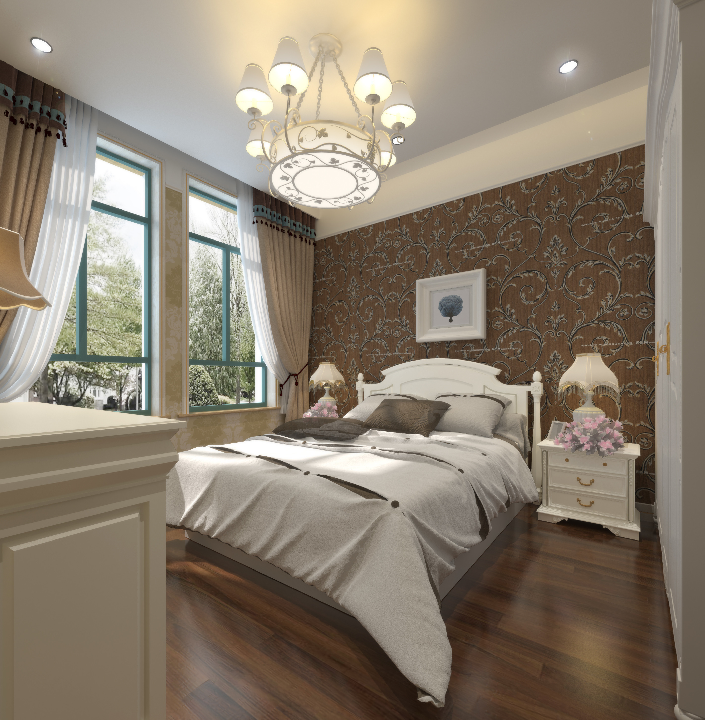 卧室: 墙面用壁纸装饰,地面浅木色地板,配上简约欧式风格衣柜和床