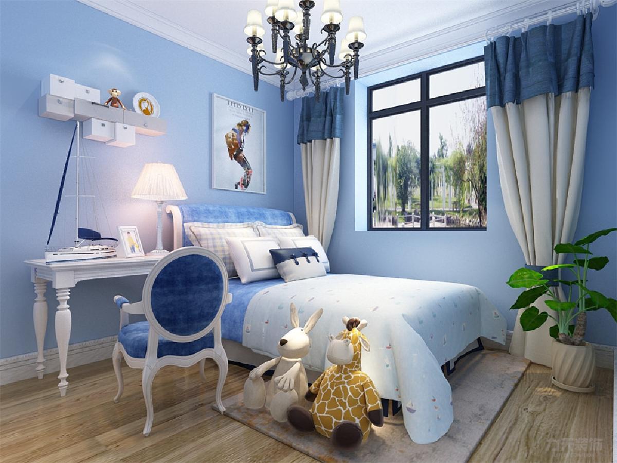 儿童房的设计,整个空间定位的是蓝色调,墙面选用的是浅蓝色乳胶漆,床