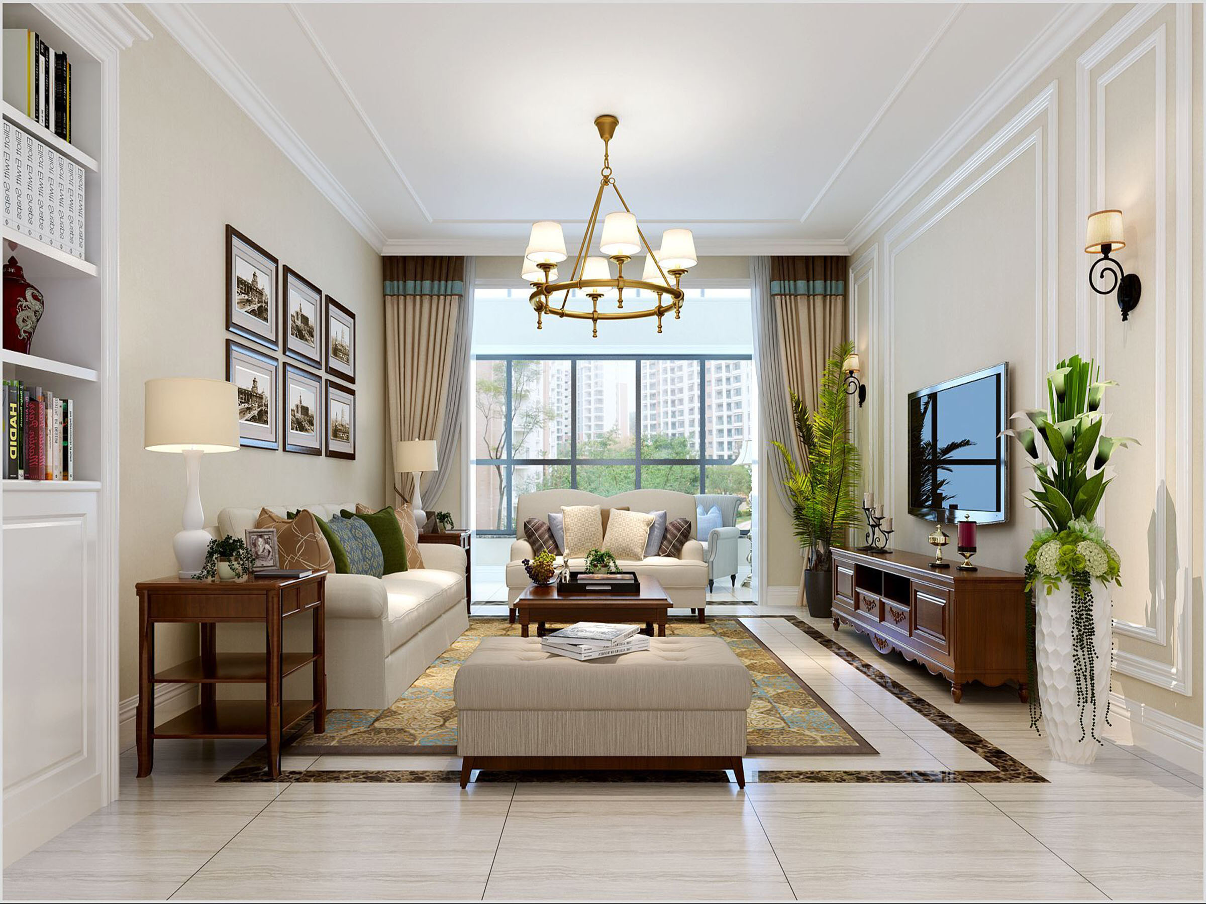 浅咖色和米黄色为底色，和白色家具、木门互相衬托，显得客厅明亮温馨_装修美图-新浪家居