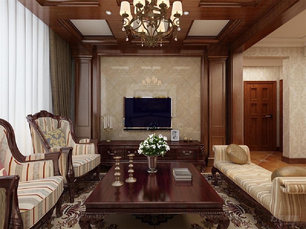 客厅电视背景墙采用大理石周围用实木造型,沙发背景墙同样用实木造型