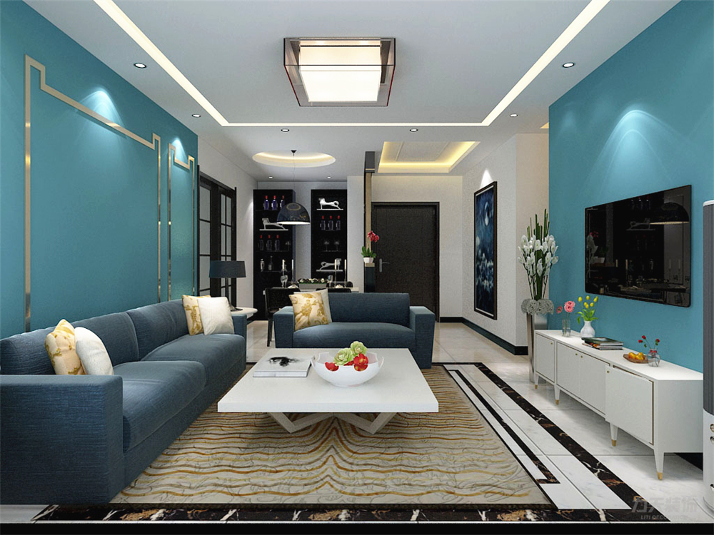 客厅是采用方形吊顶内藏灯带，采用方型吊灯，并且此空间以蓝色为主色_装修美图-新浪装修家居网看图装修