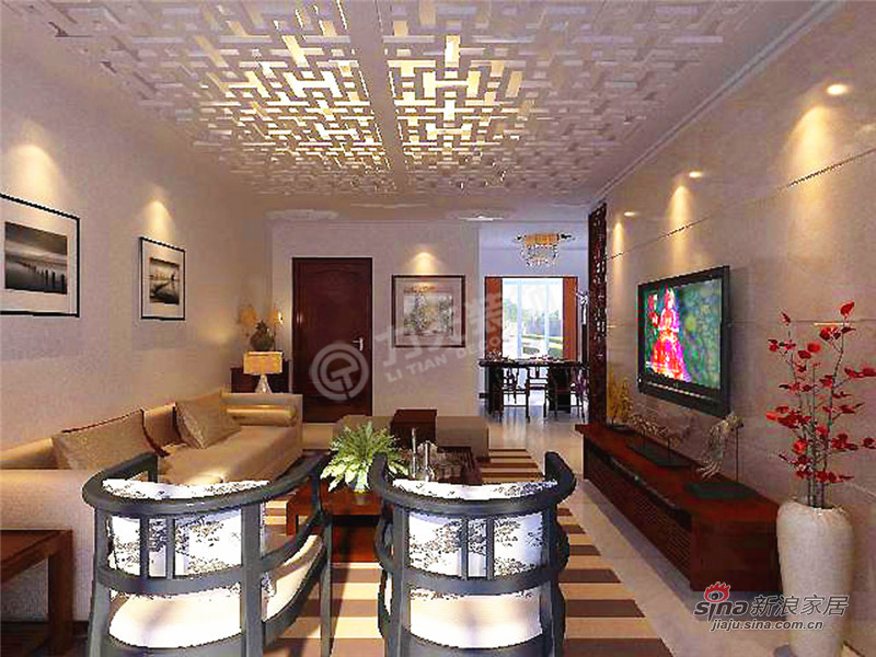 中式 三居 白富美 客厅图片来自阳光力天装饰在天房郦城118.00㎡-3室2厅2卫-新中式风格27的分享