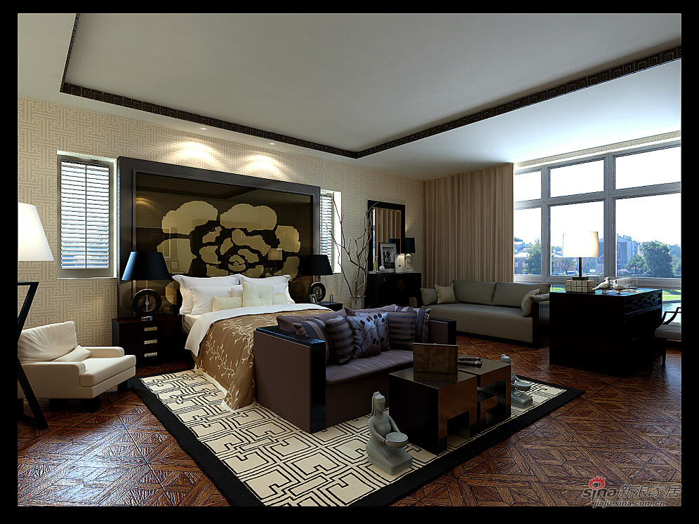 中式 别墅 卧室图片来自用户1907662981在350平新中式古朴家园85的分享