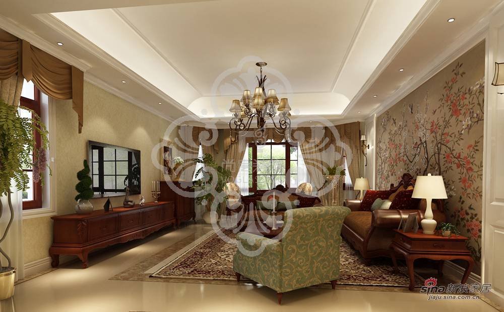 美式 别墅 客厅图片来自用户1907685403在天津尚层装饰复地温莎堡460㎡别墅装修效果图93的分享