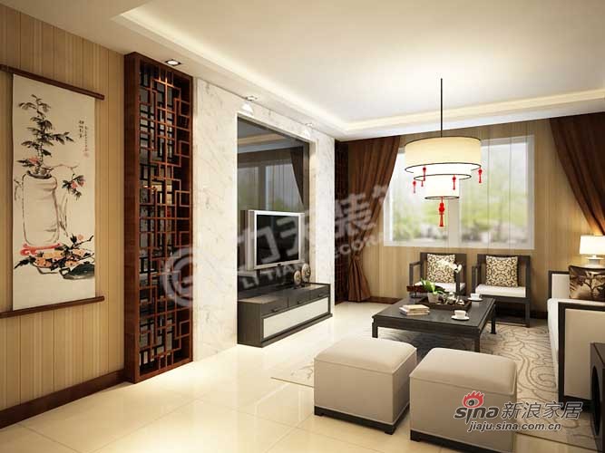 中式 三居 客厅图片来自阳光力天装饰在摩卡假日-K户型3室2厅2卫1厨-新中式48的分享