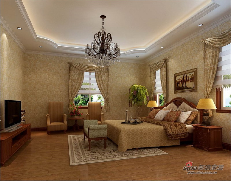 美式 别墅 卧室图片来自用户1907685403在18万元270平别墅美式风格案例50的分享