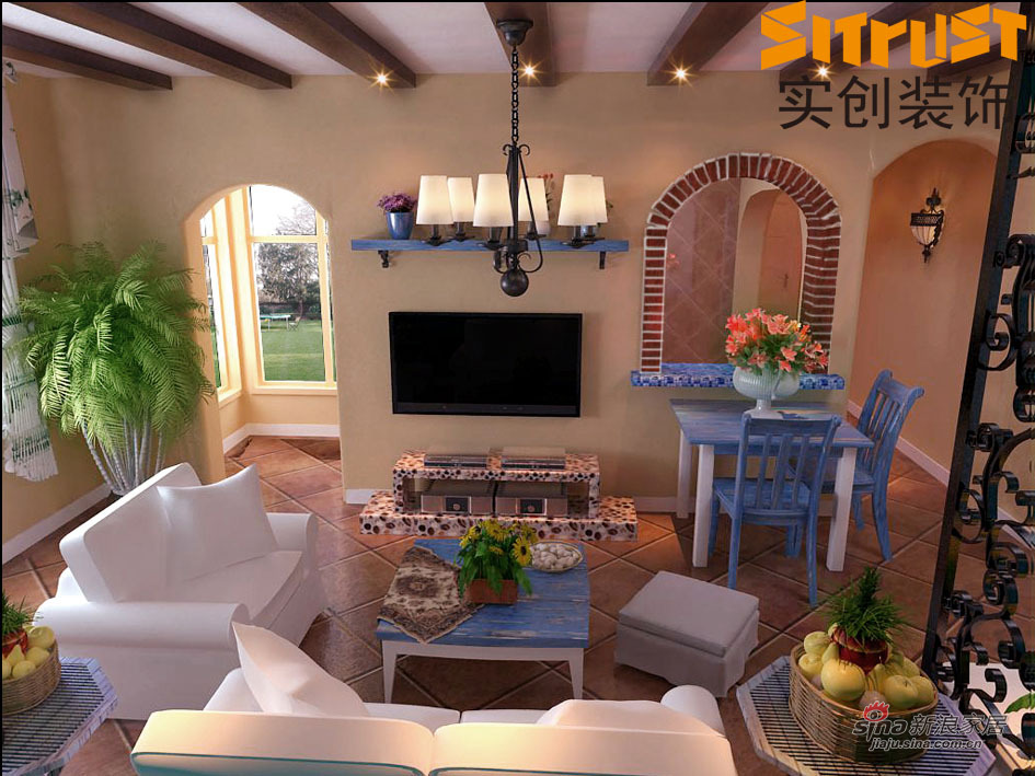 地中海 三居 客厅图片来自用户2756243717在5.8万打造87平米两室两厅蔚蓝色地中海风格84的分享