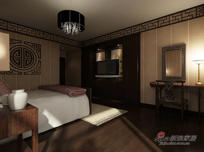 中式 别墅 卧室图片来自用户1907661335在220平米中式风格彰显男人本“色”42的分享