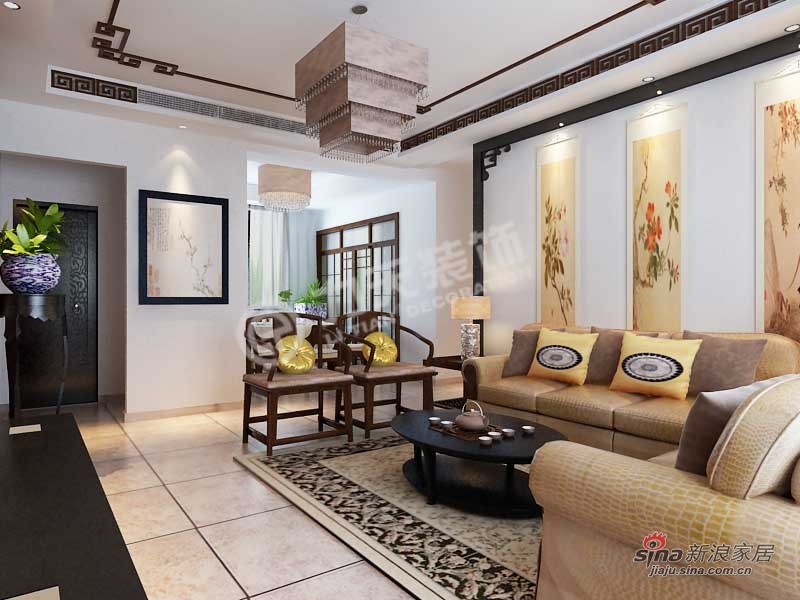 中式 四居 客厅图片来自阳光力天装饰在天津大都会-四室两厅两卫 -新中式风格66的分享