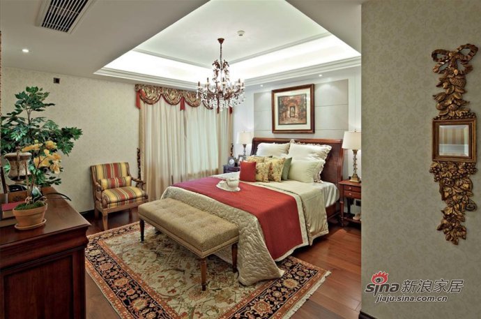 中式 三居 卧室图片来自用户1907661335在中式风格160平米实景大气12的分享