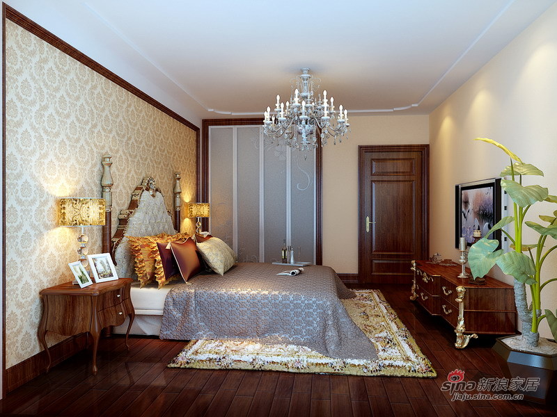 美式 三居 卧室图片来自用户1907685403在华侨城155平休闲式浪漫美式三居装修31的分享