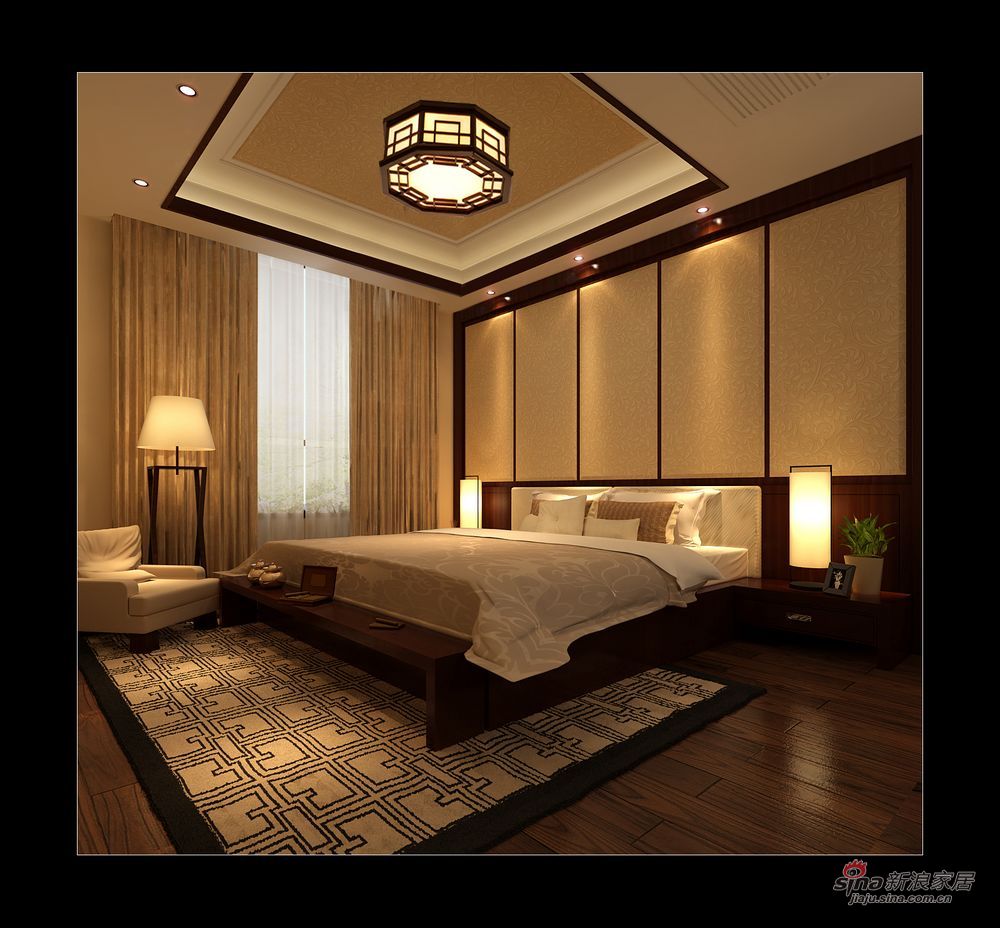 中式 别墅 卧室图片来自用户1907662981在实景230平大气新中式别墅87的分享