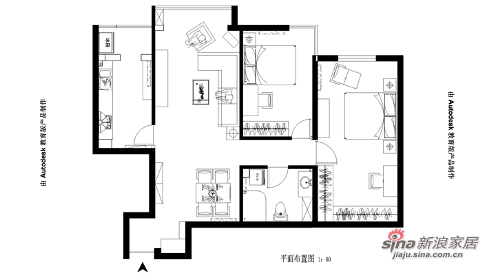 中式 三居 户型图图片来自用户1907661335在100平新中式设计全包东方太阳城三居70的分享