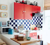 红色橱柜~蓝白墙砖，搭配非常时尚给力！~