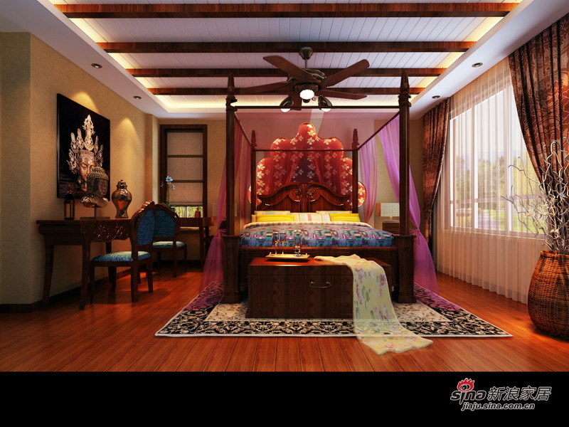 混搭 别墅 卧室图片来自用户1907655435在孔雀城180平东南亚风情别墅设计27的分享