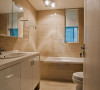 将天然的云石色彩布满整个卫浴空间，简约造型的白色浴室柜收纳功能强大，将自然的花色与现代设计结合的惟妙惟肖