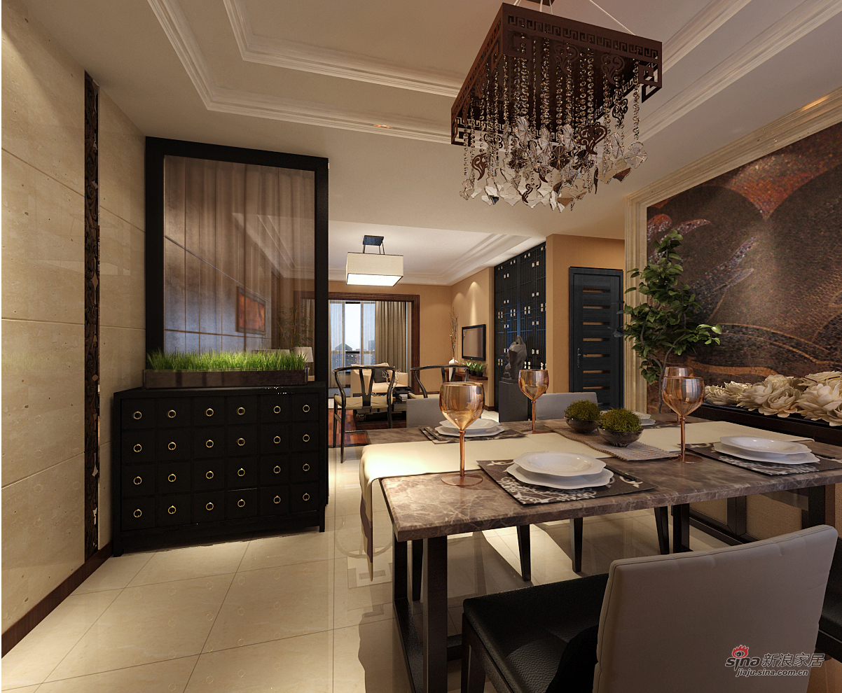 中式 三居 餐厅图片来自用户1907658205在文人气韵装扮153平米新中式风格汤泉逸墅85的分享