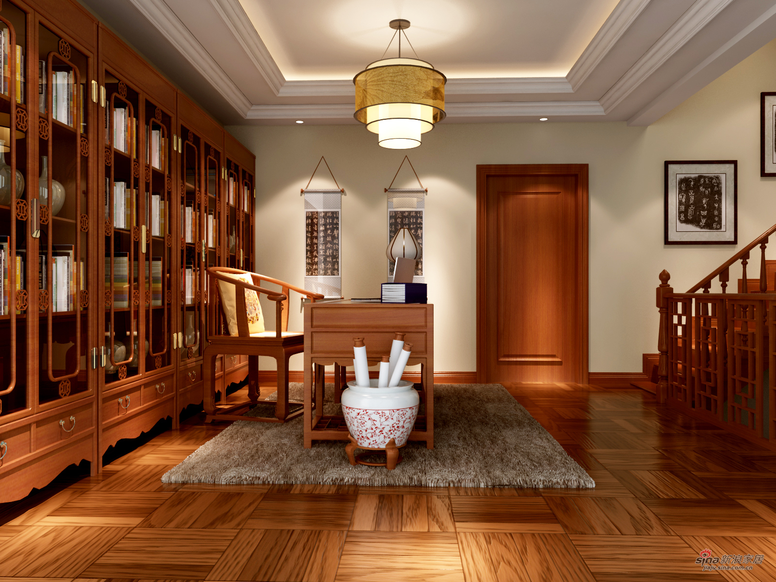 中式 别墅 书房图片来自用户1907662981在新中式320平米别墅典雅风格31的分享