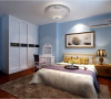 设计理念：主人房卧室的墙壁粉刷浅蓝色的福乐阁5系乳胶漆，使房间显得安静温馨。家具油漆与墙壁相接近的色彩，使这些空间与背景色相互融合，整体相得益彰。