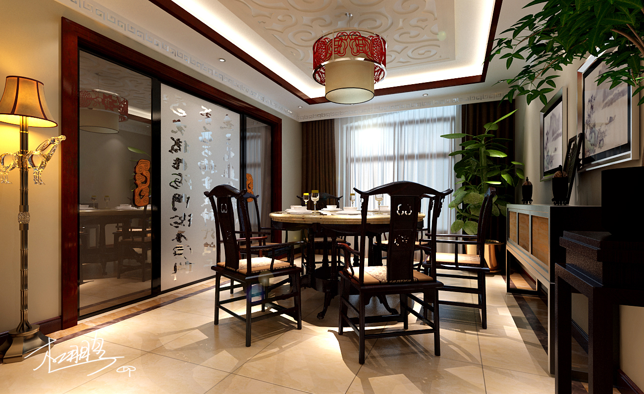 新中式风格 三居室装修 奢华大气 餐厅图片来自上海实创-装修设计效果图在浦江颐城退台170平米洋房的分享