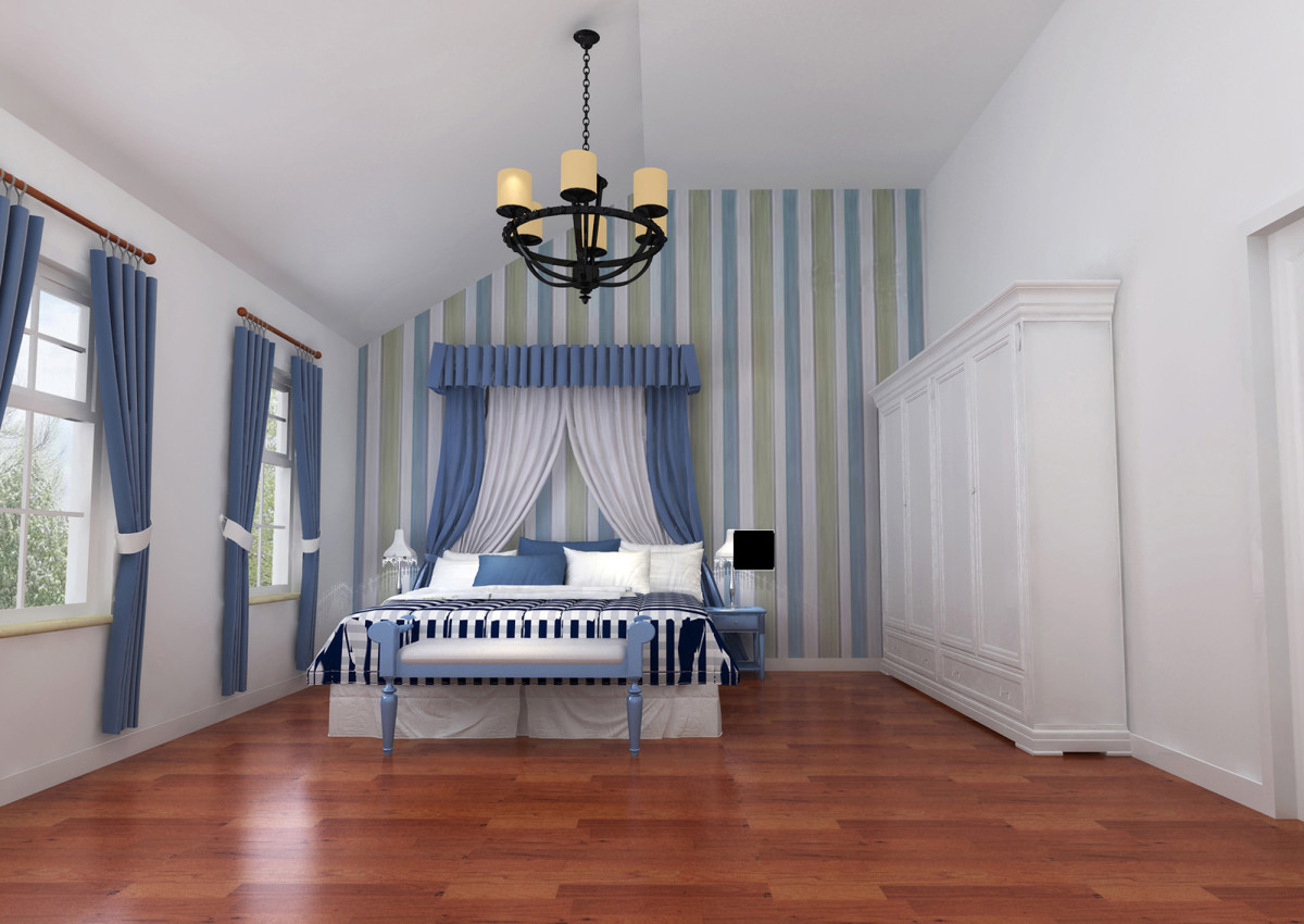 设计理念:卧室利用竖条的壁纸和窗帘加深了空间的纵深感,使空间完美的