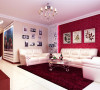 正面看客厅，很是靓丽。红色的沙发背景墙跟整个房子的主题交相辉映；镂空造型更是增添了艺术气息。
