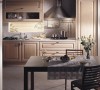 厨房安装整体橱柜，多门柜子满足了厨房的存储需要，立体墙面同样安置顶柜，合理最大化利用空间，桃木色的橱柜于中式风格不期而遇。