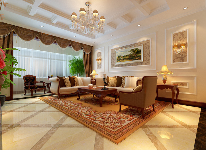 沙发背景墙石膏线与壁纸的搭配,为空间营造了舒适,自在的气氛