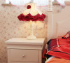 统一的白色木质床及床头柜，摆上大红色花边小台灯，窗台微风吹起的粉色搭边白色蔓帘，小碎花墙纸，显示主人的浪漫情怀。
