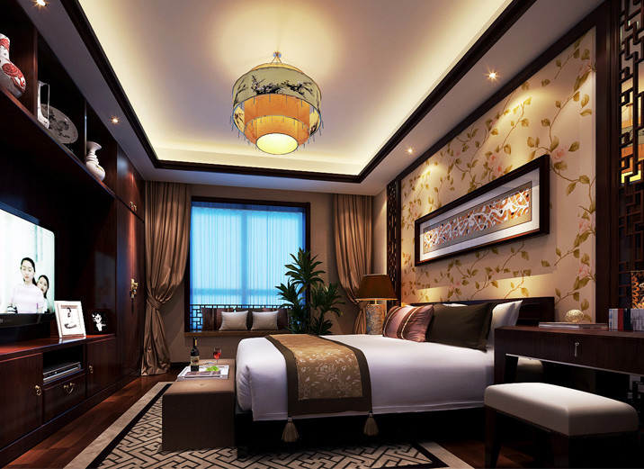 四居 中式 收纳 退休干部 混搭 别墅 实木花格 地毯 卧室图片来自北京实创装饰集团在189平四居室，古色古香中国风的分享