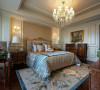 亮点：蓝色的格子墙纸、丝绸刺绣图案的床上用品、浪漫的窗帘把卧室装扮成浪漫的公主房。