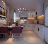 厨房选择白色的壁柜及吊柜，餐桌椅配以紫色，墙面组成光面镜，增添了空间感。厨房整体给人干净舒适的感觉。