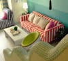 红色条纹的布艺沙发，沙发背景也是主题蓝色，整个空间显得温馨俏皮！