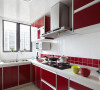 厨房是以红色为主调，主人最热爱的就是红色，红色的吊柜，让人耳目一新，充满活力！