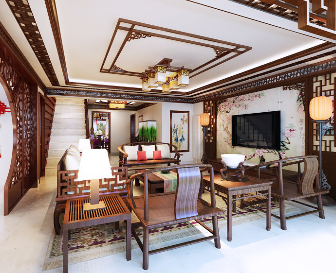 客厅图片来自北京元洲装饰在复式240平米打造中式古典之风的分享
