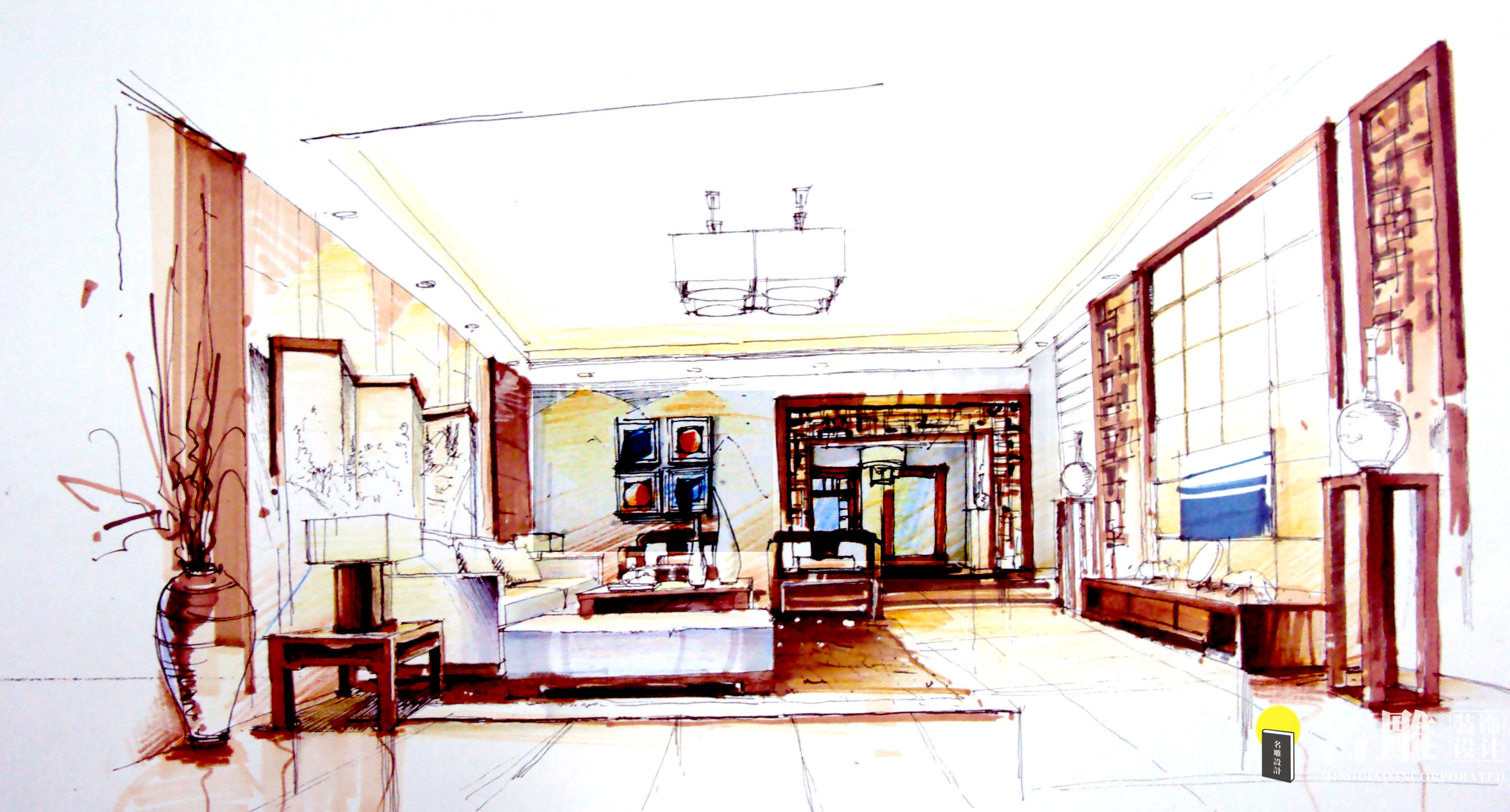 中式客厅手绘线稿图片