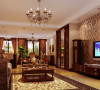 客厅美式以浅驼色为主色调，深胡桃色的家具赋予了空间沉稳内敛之气；金色壁纸电视背景墙增添了富贵感。