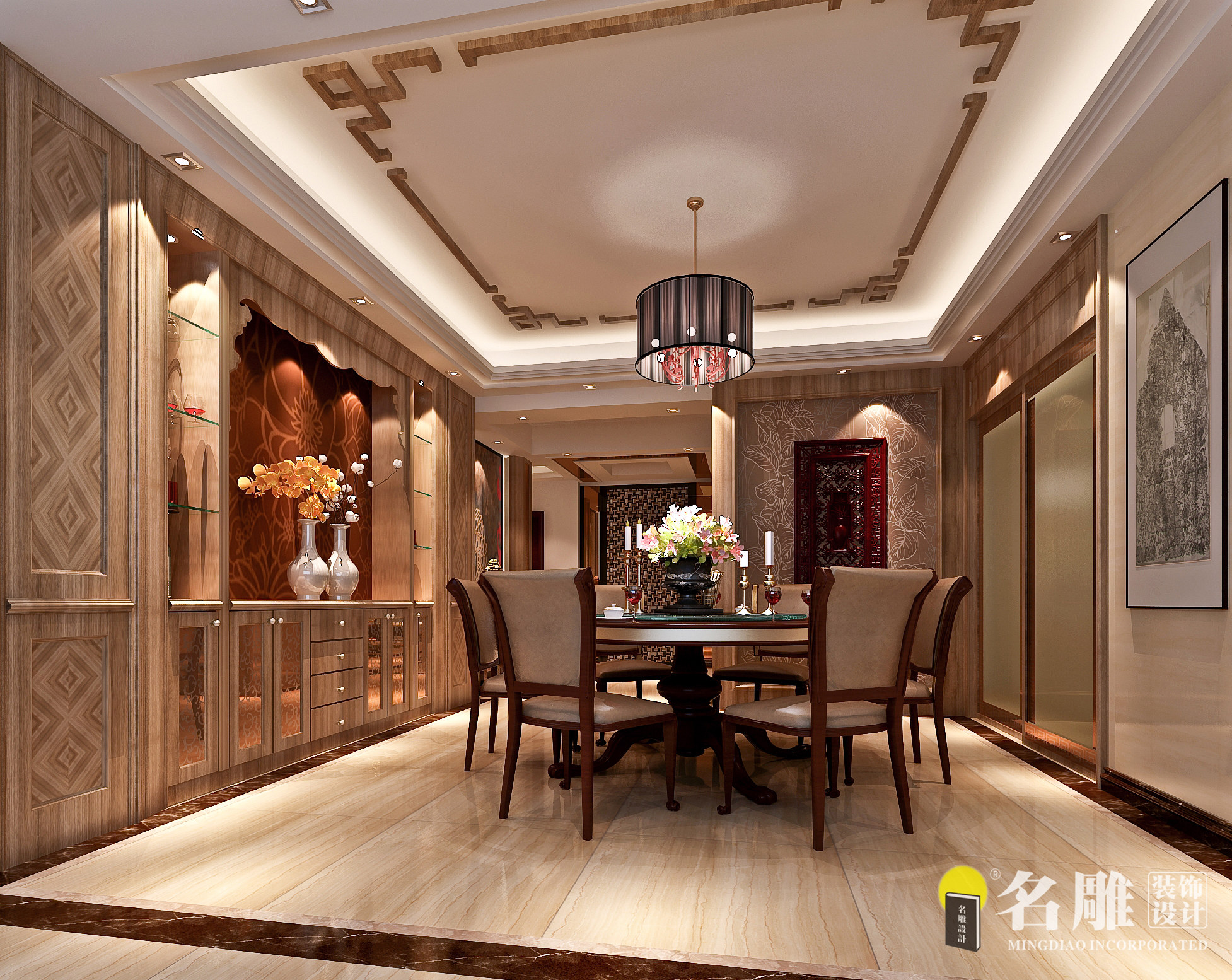 中式 三居 中国风 名雕装饰 温馨 餐厅图片来自名雕装饰设计在186平三居室中国风温馨家居的分享