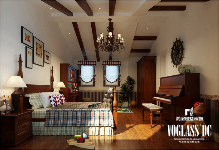 别墅 美式 客厅 卧室 书房 玄关 卧室图片来自北京别墅装修案例在300平田园风格清新展示的分享