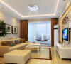 现代简约的风格渗透在空间的每个细节中。客厅暖色的墙壁地面、简单的造型顶、咖啡色的窗帘布艺，空间大气优雅。