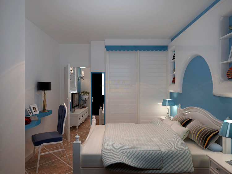 地中海 公寓装修 蓝色 白色 仿古 卧室图片来自西安城市人家装饰王凯在48平米小公寓浪漫风情地中海的分享