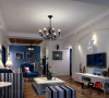 客厅以清新白色为主调，配上浪漫蓝色点缀，还有舒雅清淡的竖条纹家居，一切都是淡淡的，还是舒服安静的美好。