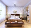 卧室布局调理有序，简单不简约，采用木地板，配着浅色菱形的壁纸，别有一番风味。